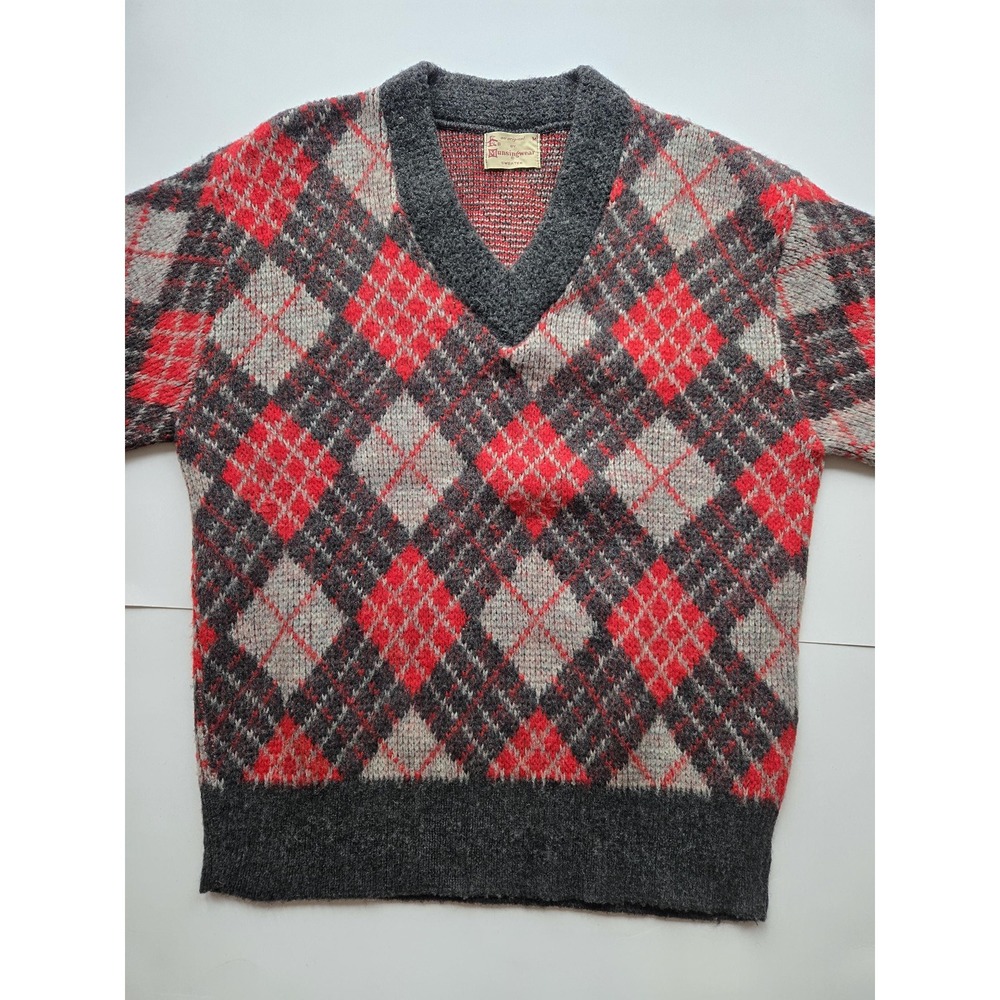Vintage red and gray argyle V-neck long sleeve pullover sweater - mens M - Picture 2 of 11
